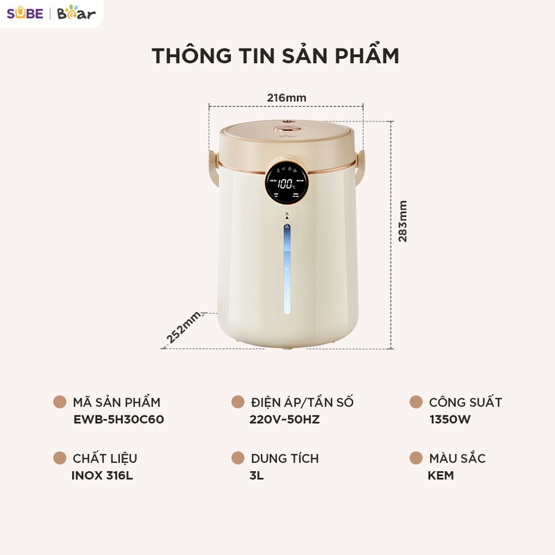 [SALE 20/10] Bình thuỷ điện Bear 3L EWB-5H30C60
